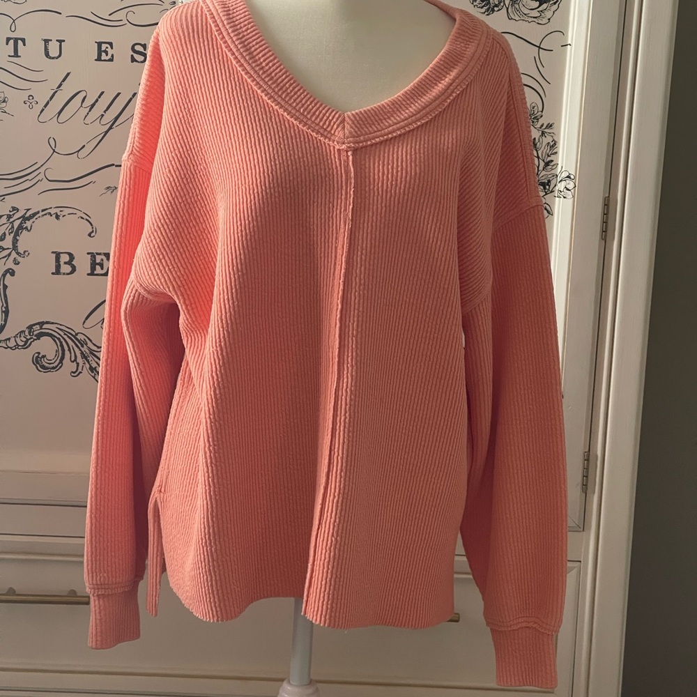 aerie Coral Ribbed Scoop-Neck Sweater